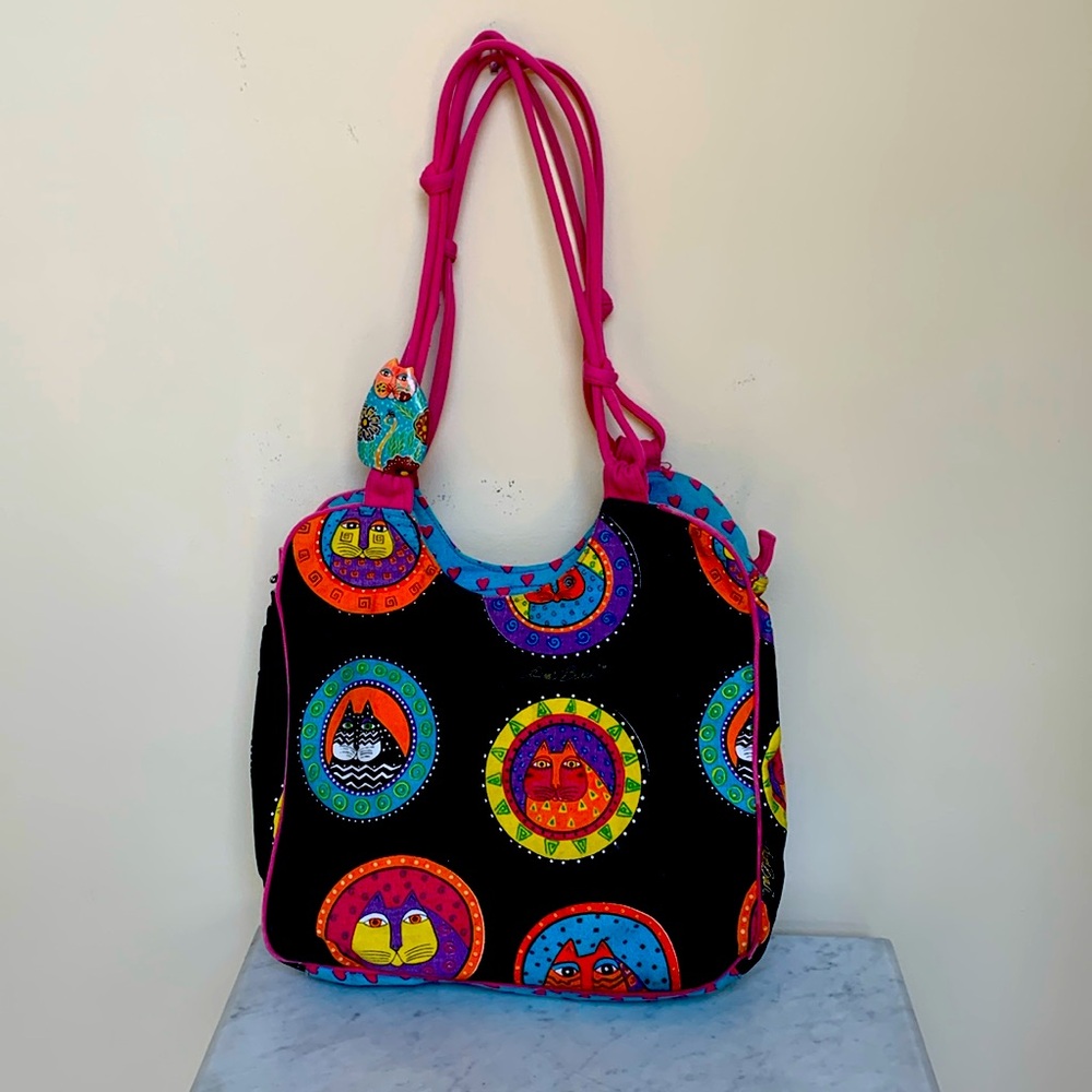 Laurel Burch Vtg Cat Canvas Tote Handbag Black W/pink Shoulder & 2 Wood Tags